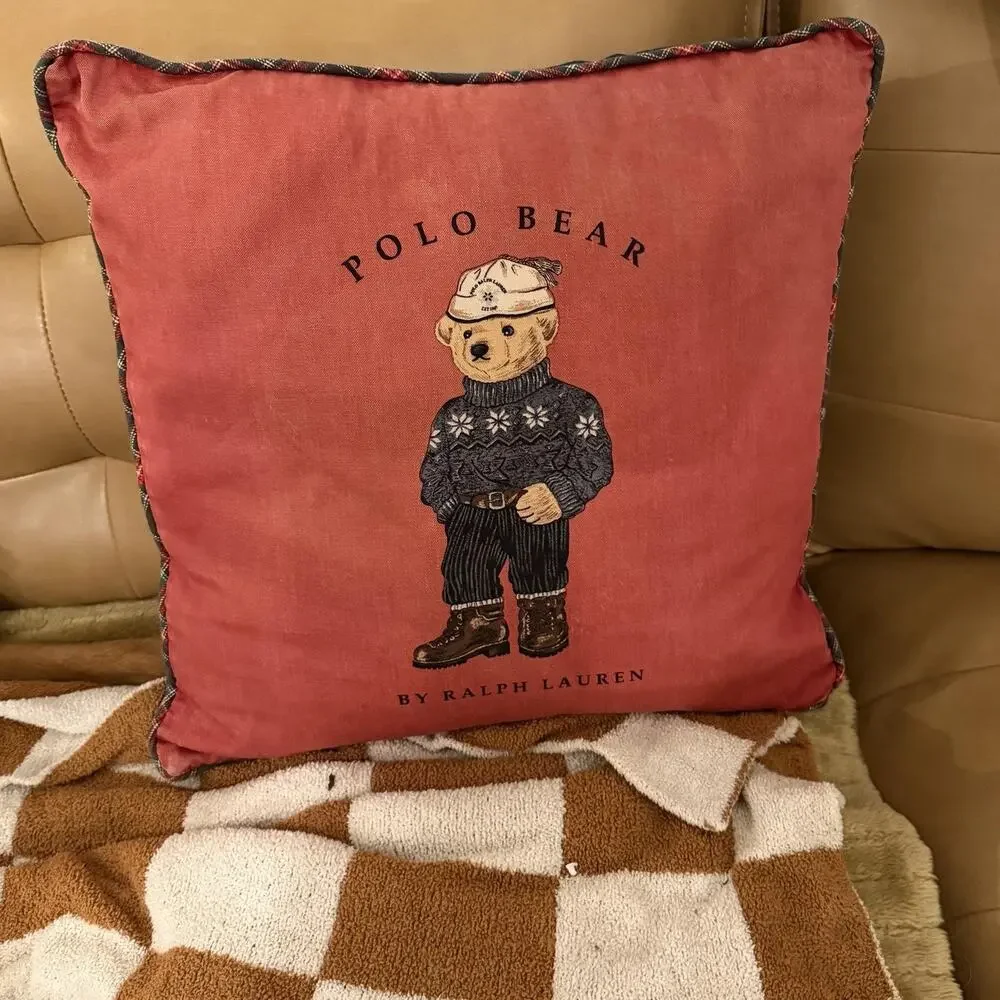 Ralph Lauren Polo Bear Throw Pillow Washed Red 18x18 Square Cotton Blend Indoor